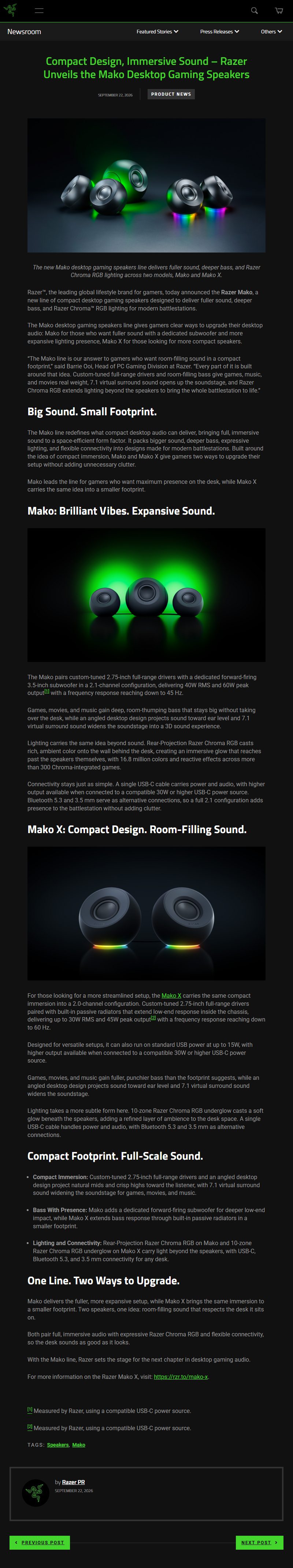 Полный скриншот исходной статьи о настольных колонках Razer Mako на press.razer.com